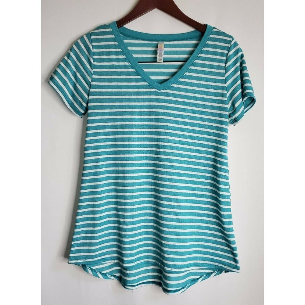LuLaRoe Christy Teal White Striped V-Neck Short Sleeve Ribbed Tee XXS